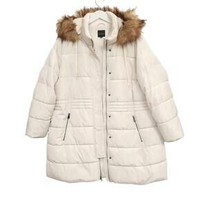Lane Bryant Puffer Coat Parka Sz 2X Ivory White Long Quilted Removable Fur Hood